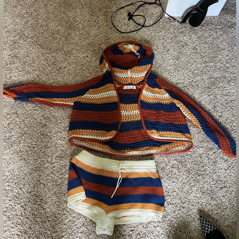L free people beach Striped Crochet Hoodie and Shorts